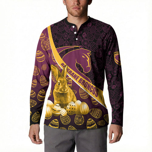 Brisbane Broncos Easter Day Button Sweatshirt Bunny and Egg Pattern in Gold Maroon Festive Style