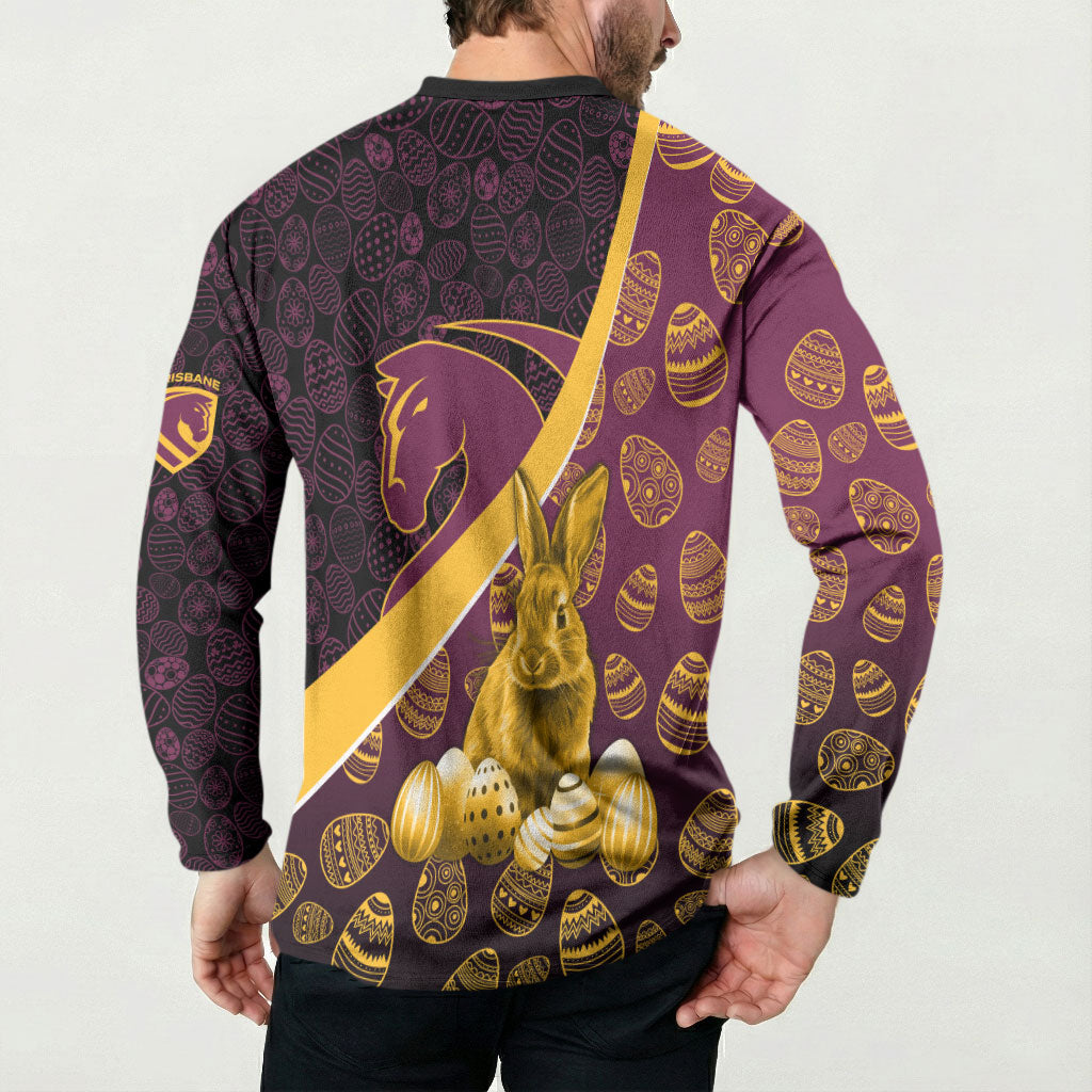 Brisbane Broncos Easter Day Button Sweatshirt Bunny and Egg Pattern in Gold Maroon Festive Style