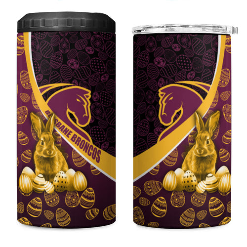Brisbane Broncos Easter Day 4 in 1 Can Cooler Tumbler Bunny and Egg Pattern in Gold Maroon Festive Style