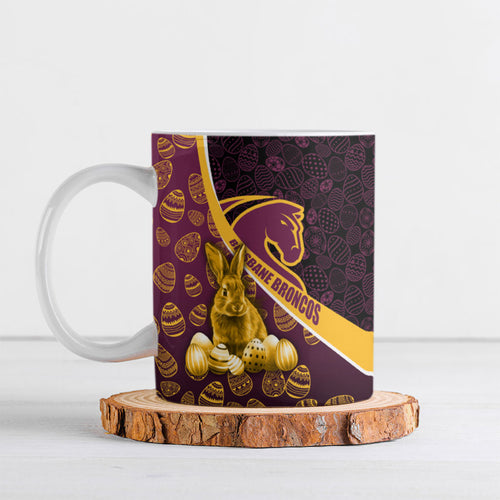 Brisbane Broncos Easter Day Ceramic Mug Bunny and Egg Pattern in Gold Maroon Festive Style