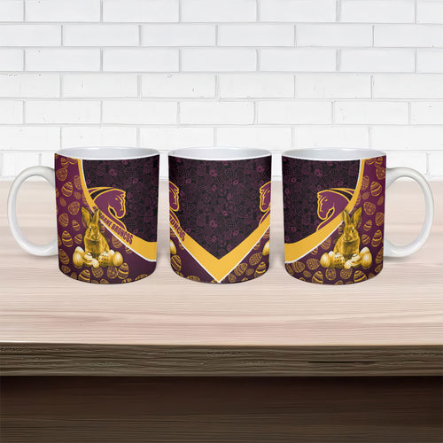 Brisbane Broncos Easter Day Ceramic Mug Bunny and Egg Pattern in Gold Maroon Festive Style