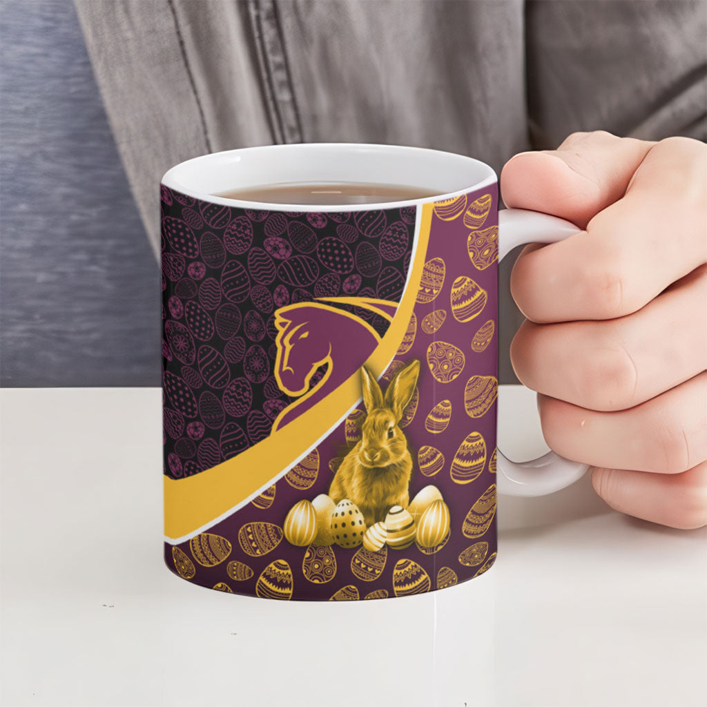 Brisbane Broncos Easter Day Ceramic Mug Bunny and Egg Pattern in Gold Maroon Festive Style