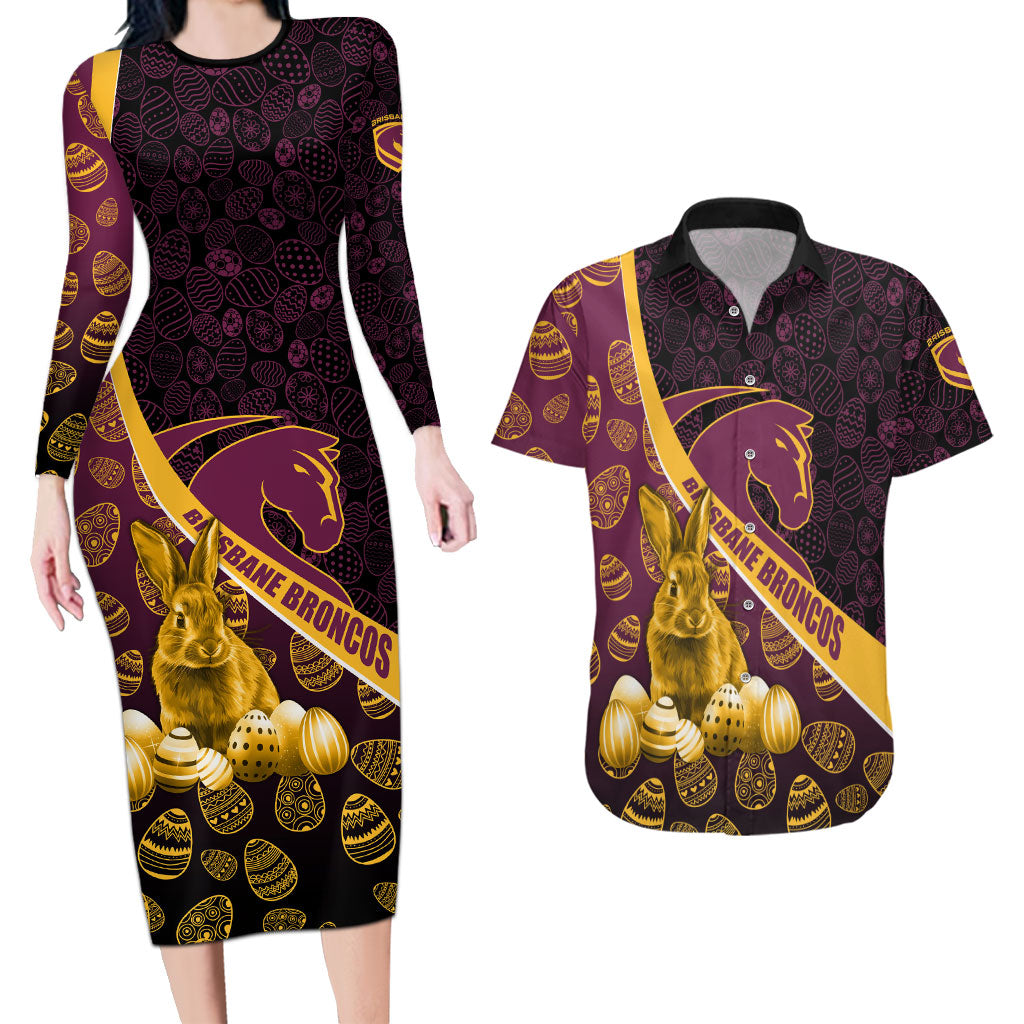 Brisbane Broncos Easter Day Couples Matching Long Sleeve Bodycon Dress and Hawaiian Shirt Bunny and Egg Pattern in Gold Maroon Festive Style
