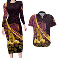 Brisbane Broncos Easter Day Couples Matching Long Sleeve Bodycon Dress and Hawaiian Shirt Bunny and Egg Pattern in Gold Maroon Festive Style