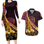 Brisbane Broncos Easter Day Couples Matching Long Sleeve Bodycon Dress and Hawaiian Shirt Bunny and Egg Pattern in Gold Maroon Festive Style