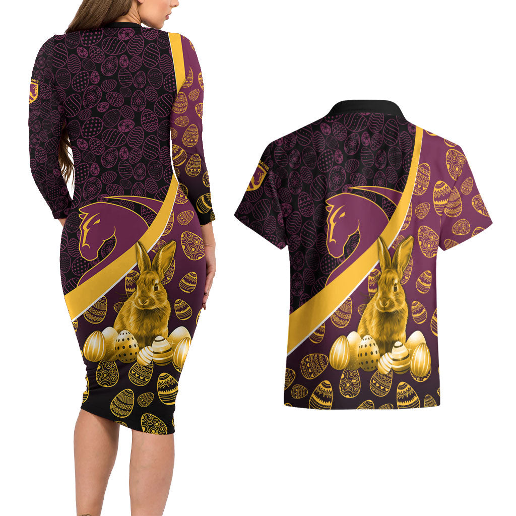 Brisbane Broncos Easter Day Couples Matching Long Sleeve Bodycon Dress and Hawaiian Shirt Bunny and Egg Pattern in Gold Maroon Festive Style