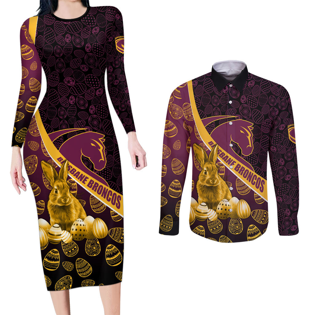 Brisbane Broncos Easter Day Couples Matching Long Sleeve Bodycon Dress and Long Sleeve Button Shirt Bunny and Egg Pattern in Gold Maroon Festive Style