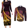 Brisbane Broncos Easter Day Couples Matching Long Sleeve Bodycon Dress and Long Sleeve Button Shirt Bunny and Egg Pattern in Gold Maroon Festive Style