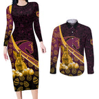 Brisbane Broncos Easter Day Couples Matching Long Sleeve Bodycon Dress and Long Sleeve Button Shirt Bunny and Egg Pattern in Gold Maroon Festive Style