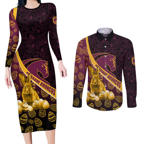 Brisbane Broncos Easter Day Couples Matching Long Sleeve Bodycon Dress and Long Sleeve Button Shirt Bunny and Egg Pattern in Gold Maroon Festive Style