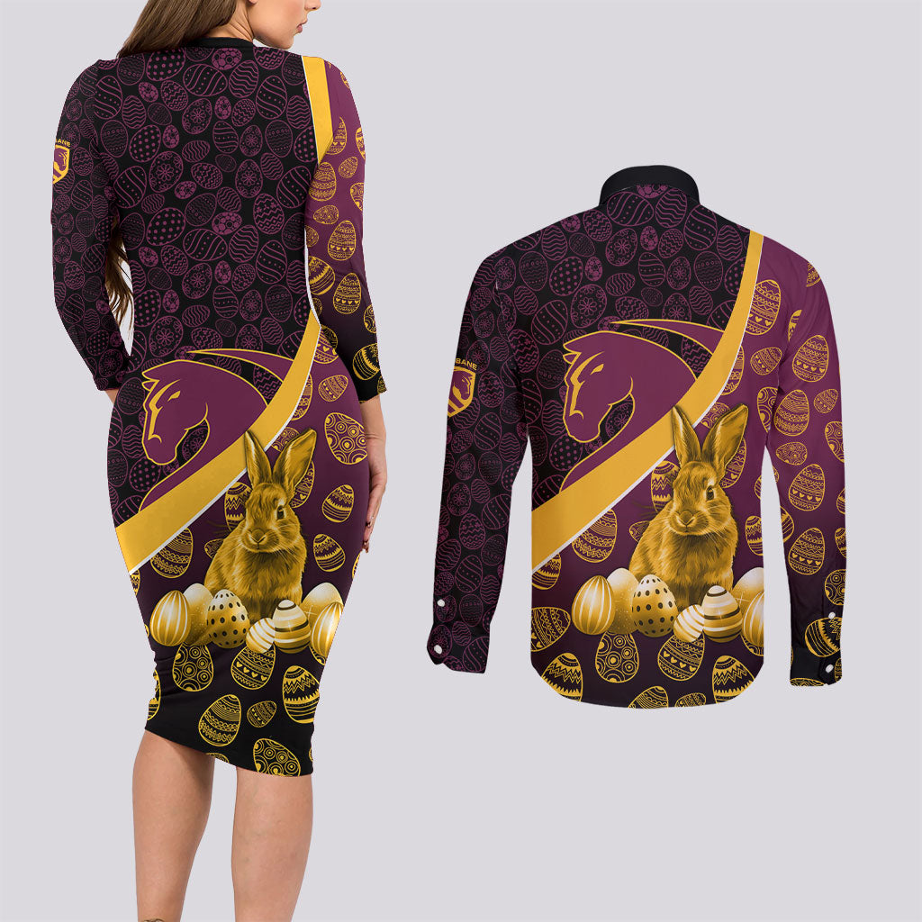 Brisbane Broncos Easter Day Couples Matching Long Sleeve Bodycon Dress and Long Sleeve Button Shirt Bunny and Egg Pattern in Gold Maroon Festive Style