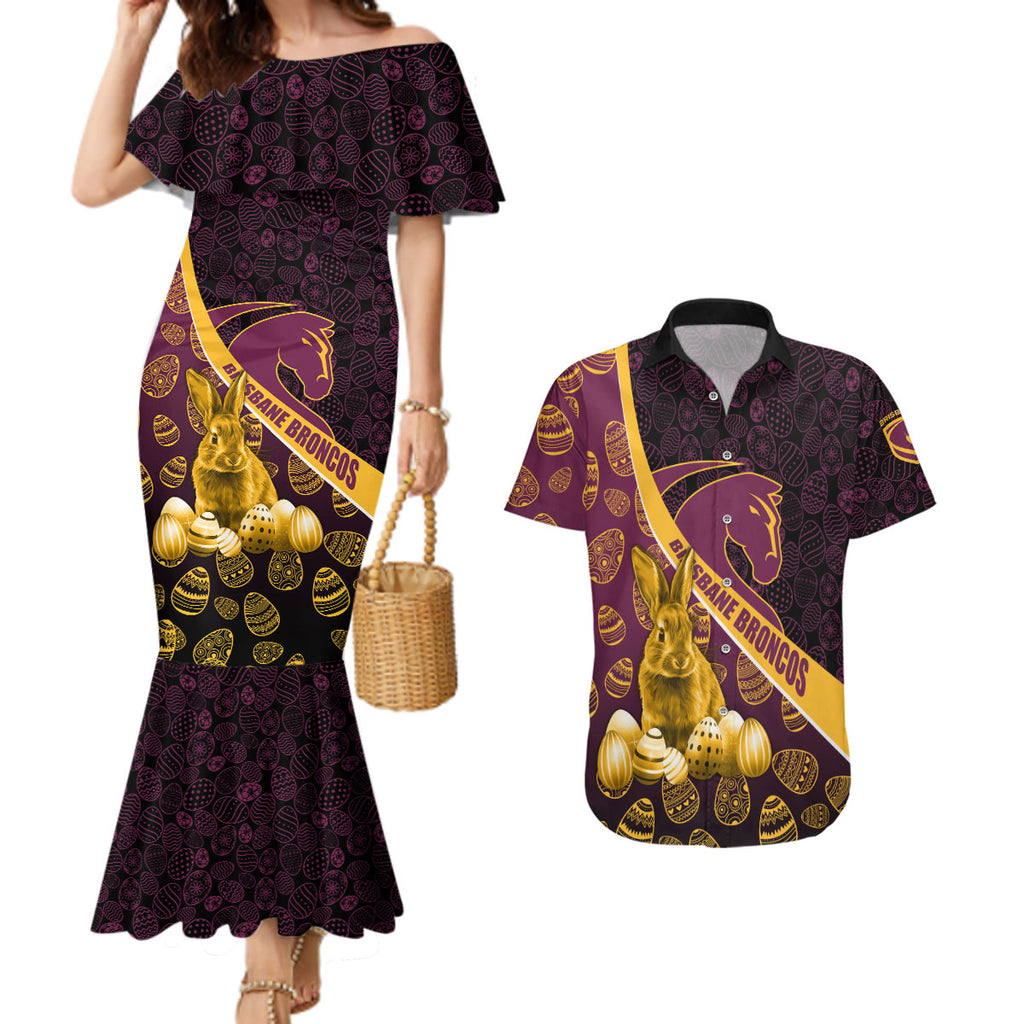 Brisbane Broncos Easter Day Couples Matching Mermaid Dress and Hawaiian Shirt Bunny and Egg Pattern in Gold Maroon Festive Style