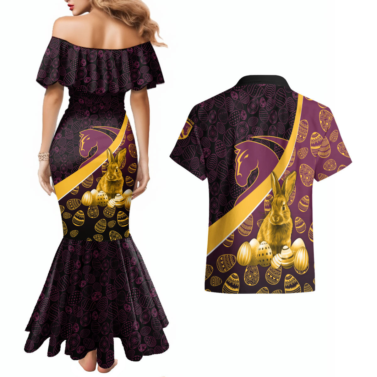 Brisbane Broncos Easter Day Couples Matching Mermaid Dress and Hawaiian Shirt Bunny and Egg Pattern in Gold Maroon Festive Style