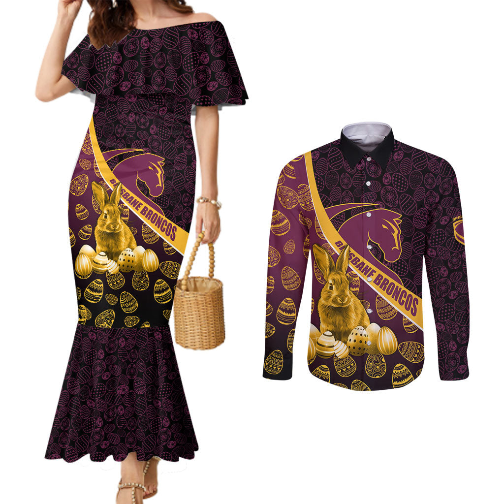Brisbane Broncos Easter Day Couples Matching Mermaid Dress and Long Sleeve Button Shirt Bunny and Egg Pattern in Gold Maroon Festive Style