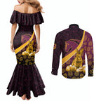Brisbane Broncos Easter Day Couples Matching Mermaid Dress and Long Sleeve Button Shirt Bunny and Egg Pattern in Gold Maroon Festive Style