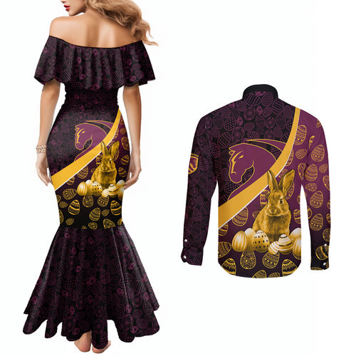 Brisbane Broncos Easter Day Couples Matching Mermaid Dress and Long Sleeve Button Shirt Bunny and Egg Pattern in Gold Maroon Festive Style
