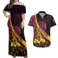 Brisbane Broncos Easter Day Couples Matching Off Shoulder Maxi Dress and Hawaiian Shirt Bunny and Egg Pattern in Gold Maroon Festive Style