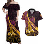 Brisbane Broncos Easter Day Couples Matching Off Shoulder Maxi Dress and Hawaiian Shirt Bunny and Egg Pattern in Gold Maroon Festive Style