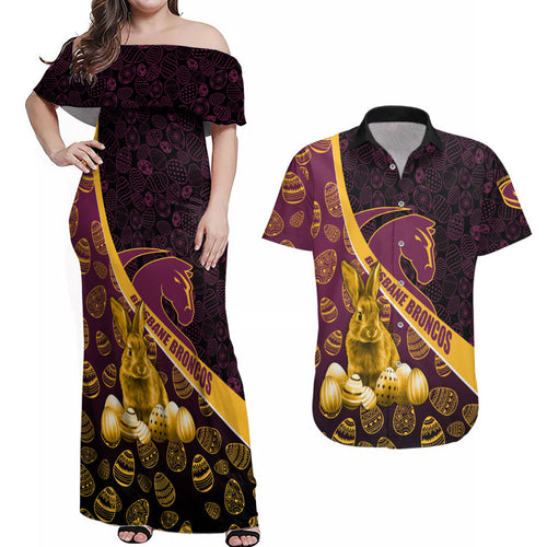 Brisbane Broncos Easter Day Couples Matching Off Shoulder Maxi Dress and Hawaiian Shirt Bunny and Egg Pattern in Gold Maroon Festive Style