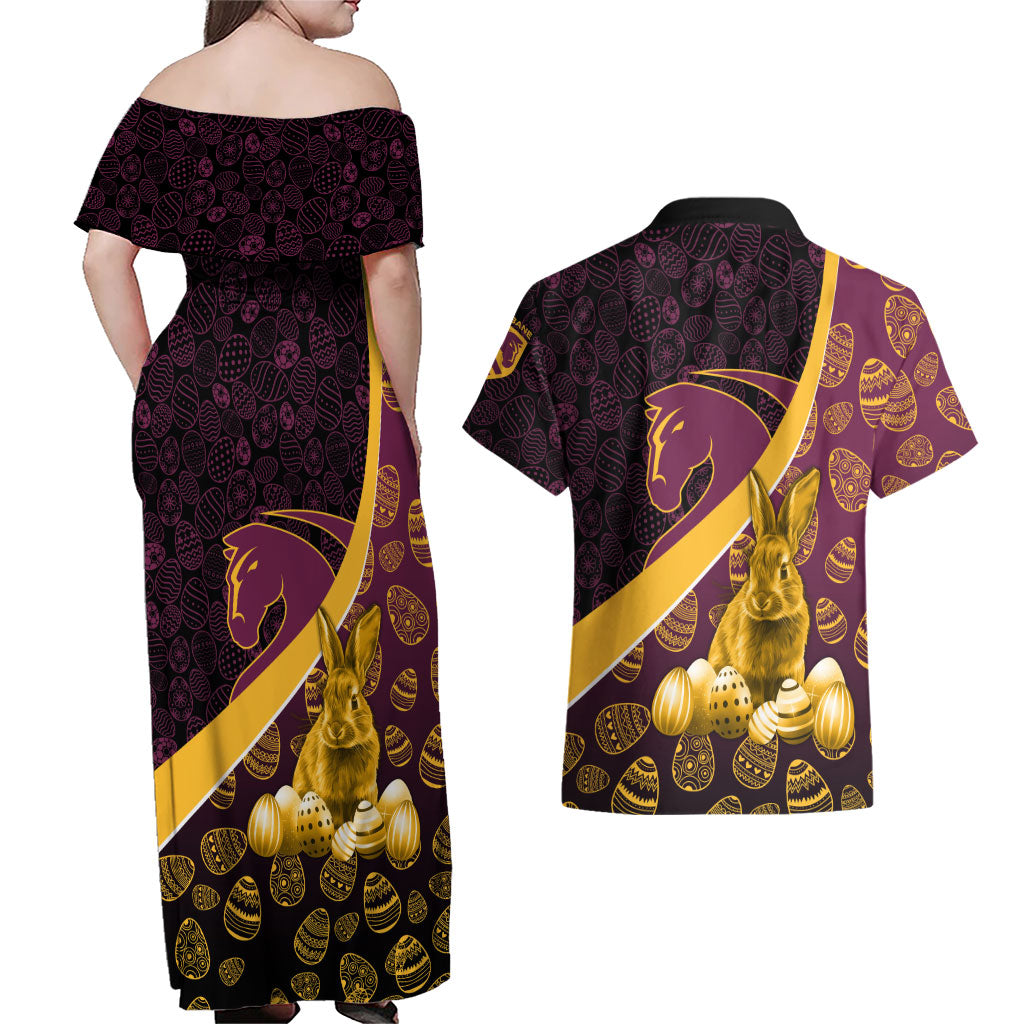 Brisbane Broncos Easter Day Couples Matching Off Shoulder Maxi Dress and Hawaiian Shirt Bunny and Egg Pattern in Gold Maroon Festive Style