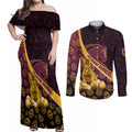 Brisbane Broncos Easter Day Couples Matching Off Shoulder Maxi Dress and Long Sleeve Button Shirt Bunny and Egg Pattern in Gold Maroon Festive Style