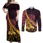 Brisbane Broncos Easter Day Couples Matching Off Shoulder Maxi Dress and Long Sleeve Button Shirt Bunny and Egg Pattern in Gold Maroon Festive Style