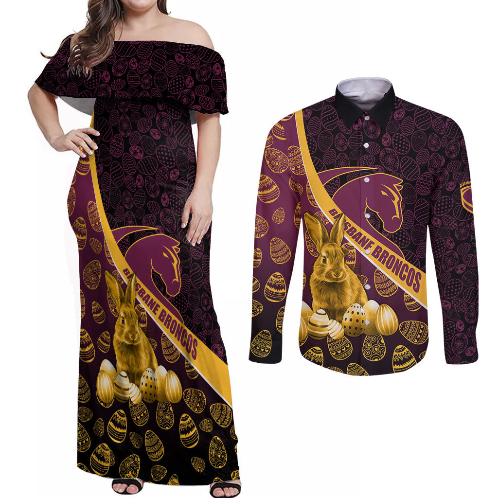 Brisbane Broncos Easter Day Couples Matching Off Shoulder Maxi Dress and Long Sleeve Button Shirt Bunny and Egg Pattern in Gold Maroon Festive Style