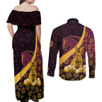 Brisbane Broncos Easter Day Couples Matching Off Shoulder Maxi Dress and Long Sleeve Button Shirt Bunny and Egg Pattern in Gold Maroon Festive Style
