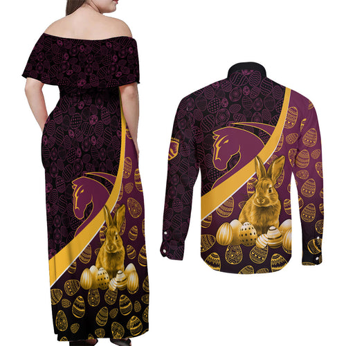 Brisbane Broncos Easter Day Couples Matching Off Shoulder Maxi Dress and Long Sleeve Button Shirt Bunny and Egg Pattern in Gold Maroon Festive Style