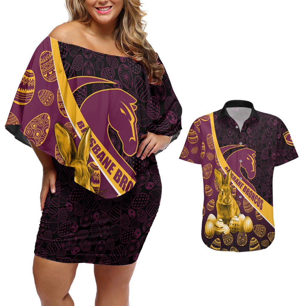Brisbane Broncos Easter Day Couples Matching Off Shoulder Short Dress and Hawaiian Shirt Bunny and Egg Pattern in Gold Maroon Festive Style