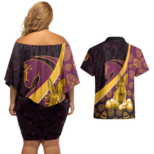Brisbane Broncos Easter Day Couples Matching Off Shoulder Short Dress and Hawaiian Shirt Bunny and Egg Pattern in Gold Maroon Festive Style