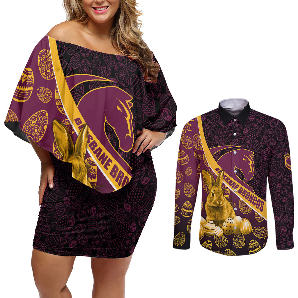 Brisbane Broncos Easter Day Couples Matching Off Shoulder Short Dress and Long Sleeve Button Shirt Bunny and Egg Pattern in Gold Maroon Festive Style