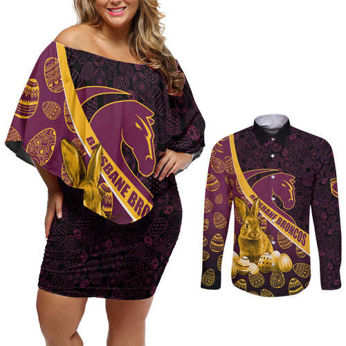 Brisbane Broncos Easter Day Couples Matching Off Shoulder Short Dress and Long Sleeve Button Shirt Bunny and Egg Pattern in Gold Maroon Festive Style