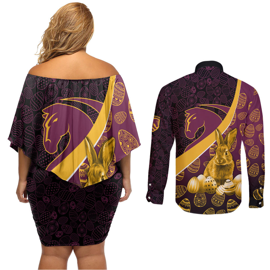 Brisbane Broncos Easter Day Couples Matching Off Shoulder Short Dress and Long Sleeve Button Shirt Bunny and Egg Pattern in Gold Maroon Festive Style