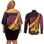 Brisbane Broncos Easter Day Couples Matching Off Shoulder Short Dress and Long Sleeve Button Shirt Bunny and Egg Pattern in Gold Maroon Festive Style