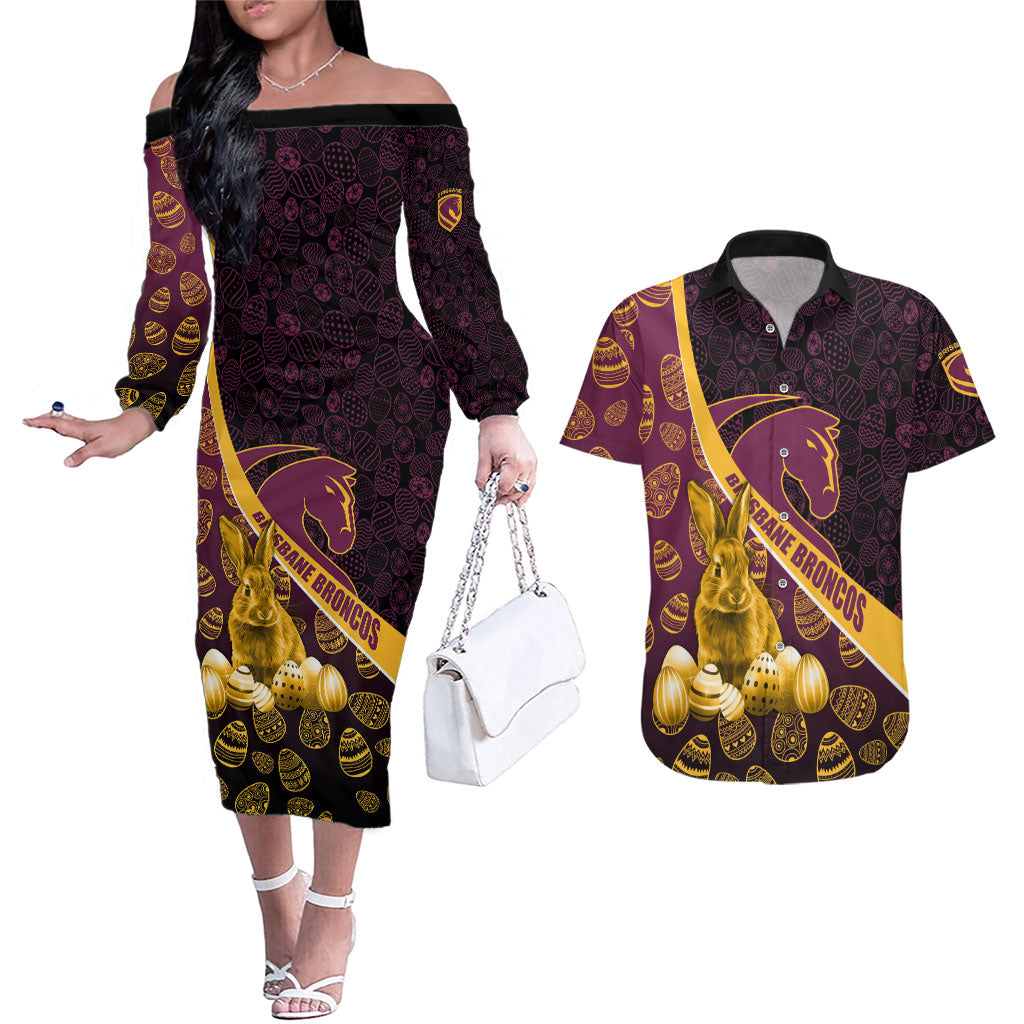 Brisbane Broncos Easter Day Couples Matching Off The Shoulder Long Sleeve Dress and Hawaiian Shirt Bunny and Egg Pattern in Gold Maroon Festive Style