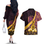 Brisbane Broncos Easter Day Couples Matching Off The Shoulder Long Sleeve Dress and Hawaiian Shirt Bunny and Egg Pattern in Gold Maroon Festive Style