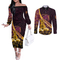 Brisbane Broncos Easter Day Couples Matching Off The Shoulder Long Sleeve Dress and Long Sleeve Button Shirt Bunny and Egg Pattern in Gold Maroon Festive Style