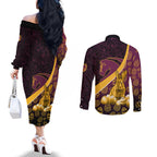 Brisbane Broncos Easter Day Couples Matching Off The Shoulder Long Sleeve Dress and Long Sleeve Button Shirt Bunny and Egg Pattern in Gold Maroon Festive Style