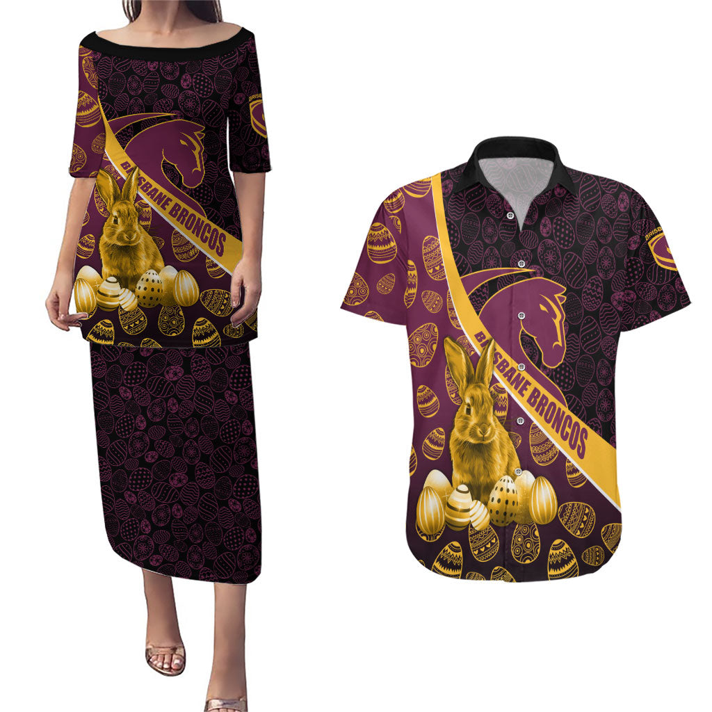 Brisbane Broncos Easter Day Couples Matching Puletasi and Hawaiian Shirt Bunny and Egg Pattern in Gold Maroon Festive Style