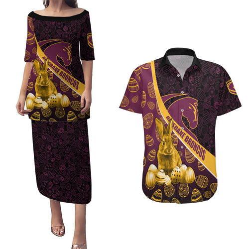 Brisbane Broncos Easter Day Couples Matching Puletasi and Hawaiian Shirt Bunny and Egg Pattern in Gold Maroon Festive Style