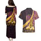 Brisbane Broncos Easter Day Couples Matching Puletasi and Hawaiian Shirt Bunny and Egg Pattern in Gold Maroon Festive Style