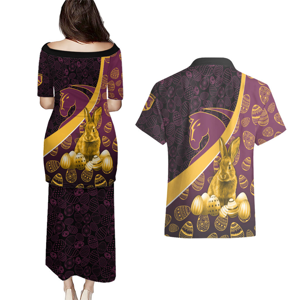 Brisbane Broncos Easter Day Couples Matching Puletasi and Hawaiian Shirt Bunny and Egg Pattern in Gold Maroon Festive Style