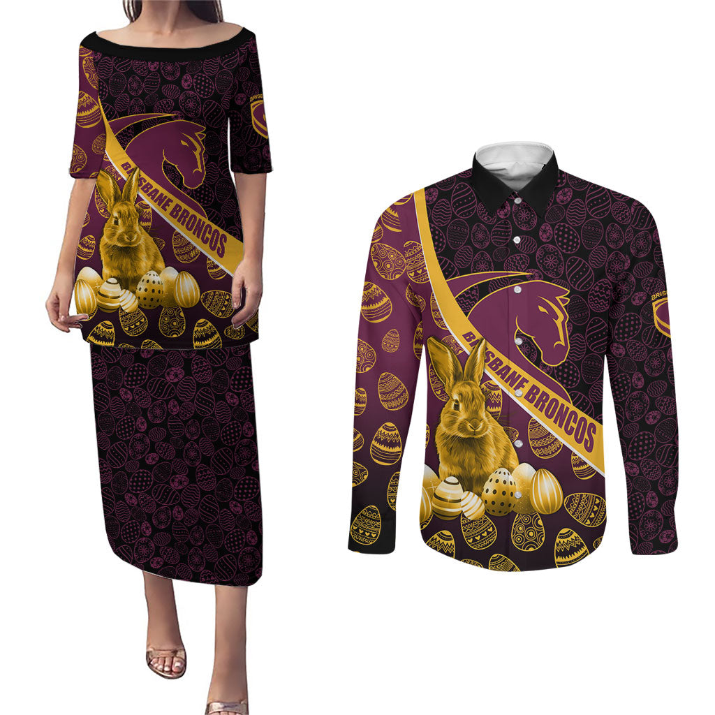 Brisbane Broncos Easter Day Couples Matching Puletasi and Long Sleeve Button Shirt Bunny and Egg Pattern in Gold Maroon Festive Style