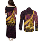 Brisbane Broncos Easter Day Couples Matching Puletasi and Long Sleeve Button Shirt Bunny and Egg Pattern in Gold Maroon Festive Style