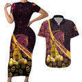 Brisbane Broncos Easter Day Couples Matching Short Sleeve Bodycon Dress and Hawaiian Shirt Bunny and Egg Pattern in Gold Maroon Festive Style