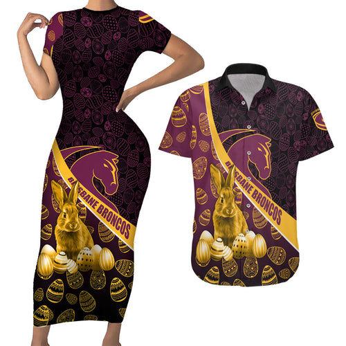 Brisbane Broncos Easter Day Couples Matching Short Sleeve Bodycon Dress and Hawaiian Shirt Bunny and Egg Pattern in Gold Maroon Festive Style