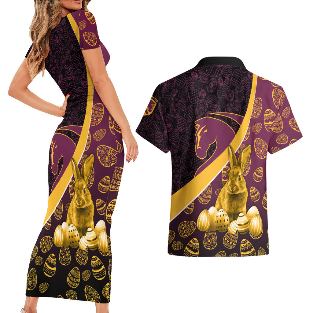 Brisbane Broncos Easter Day Couples Matching Short Sleeve Bodycon Dress and Hawaiian Shirt Bunny and Egg Pattern in Gold Maroon Festive Style