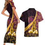 Brisbane Broncos Easter Day Couples Matching Short Sleeve Bodycon Dress and Hawaiian Shirt Bunny and Egg Pattern in Gold Maroon Festive Style
