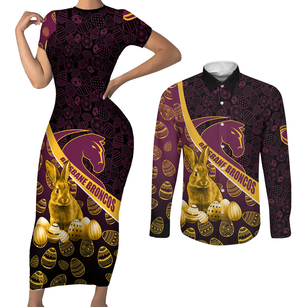 Brisbane Broncos Easter Day Couples Matching Short Sleeve Bodycon Dress and Long Sleeve Button Shirt Bunny and Egg Pattern in Gold Maroon Festive Style